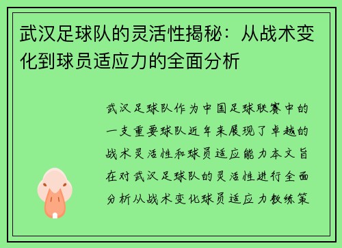 武汉足球队的灵活性揭秘：从战术变化到球员适应力的全面分析